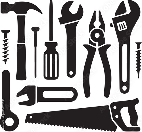 Industrial hand tools set silhouette collection featuring hammer wrench saw screwdriver and pliers for hardware store branding