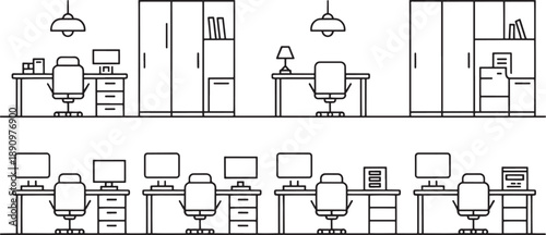 Detailed line art illustrations present various complete office environments, showcasing individual workstations, collaborative open-plan layouts, storage cabinets, and overhead lighting fixtures.