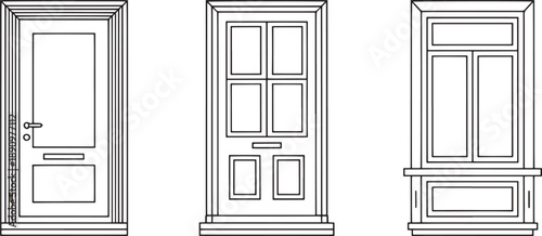 A second set of architectural line drawings displays two vertical entry doors and one multi-pane window unit, mirroring the first set's presentation style.