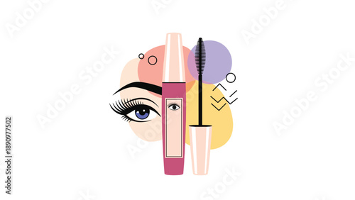 Professional eye makeup illustration featuring a mascara tube and wand alongside an eye graphic and abstract colorful geometric shapes.