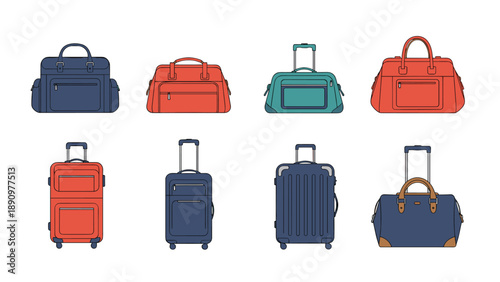 Diverse collection of colorful travel bags and suitcases including duffel bags and backpacks shown in a clean flat illustration style.