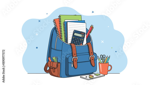 Stuffed school backpack with notebooks and calculator next to a pencil holder full of supplies on a blue background.