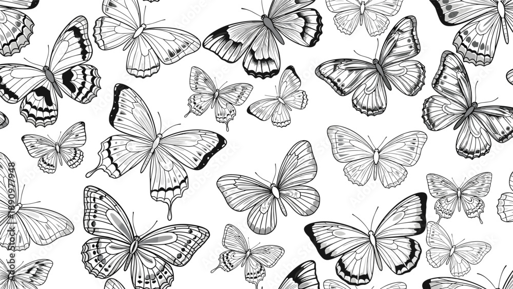 Fototapeta premium Detailed black and white line art pattern of various butterflies in different sizes and shapes on a white background.