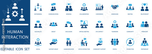 Human interaction icon set. Features collaboration, communication, networking, partnership, and social behavior icons for corporate and web design.