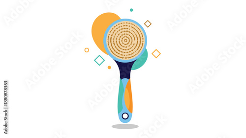 Modern scalp massager brush with ergonomic handle and colorful geometric decorative elements for beauty and self-care routine graphics.