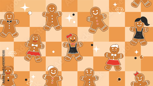 Festive pattern of various gingerbread people and shiny diamonds on a checkered orange background for holiday season celebration themes.
