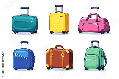 Colorful travel luggage collection: rolling suitcases, duffel bag, vintage trunk and backpack with trolley handle. Concept of vacation packing, airport trip and journey.