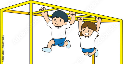 うんていで運動する子供たち