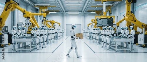 Futuristic automated factory with humanoid robots working on assembly lines
