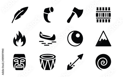Compilation of black icons related to Native American heritage: feather, horn, axe, fence, fire, canoe, moon, mountain, mask, drum, arrow, swirl.