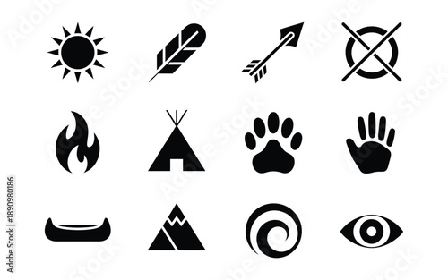 Visual set of cultural symbols and icons like the sun, feather, arrow, forbidden sign, campfire, teepee, paw print, hand, canoe, mountain, and a spiral motif.