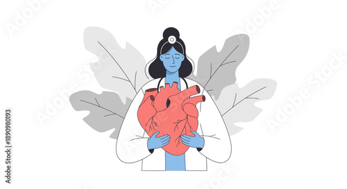 Blue Skinned Woman Holding Large Red Heart Illustration.