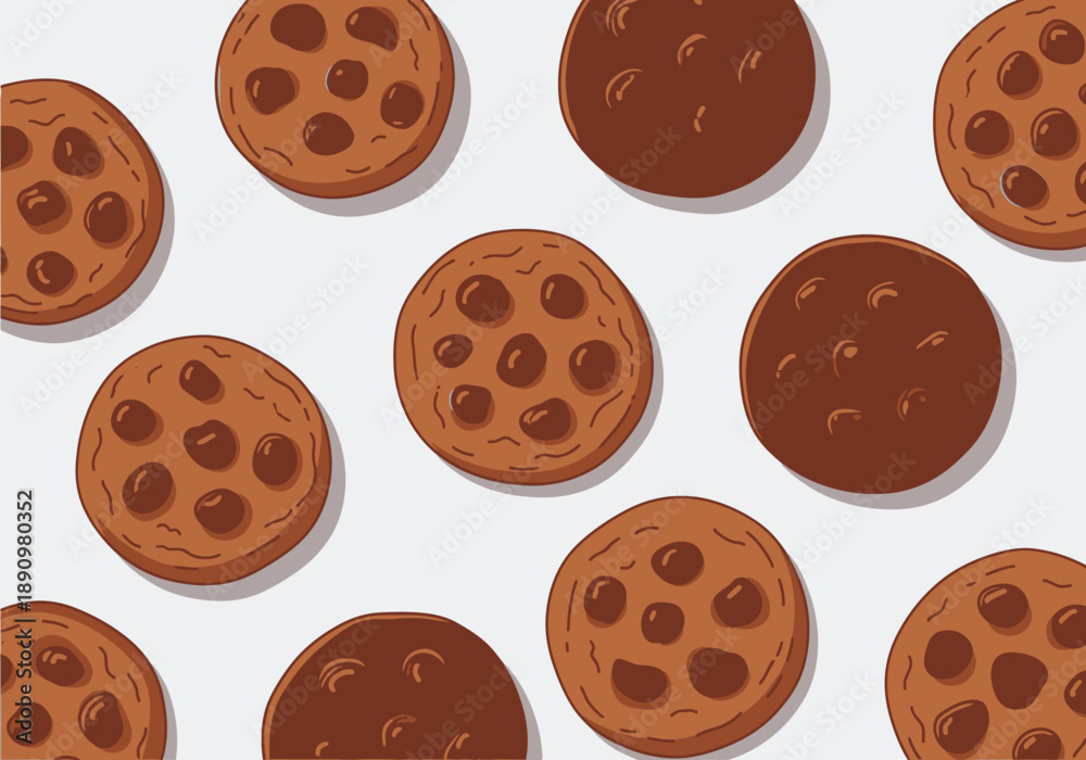 Fototapeta premium Assorted chocolate chip cookies scattered on a clean white surface viewed from directly above