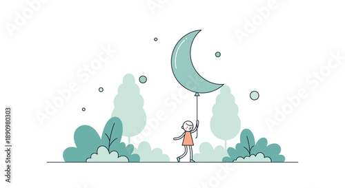 Child holding crescent moon illustration in simple style.