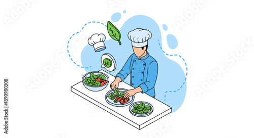 Chef Preparing Gourmet Dishes with Fresh Ingredients.