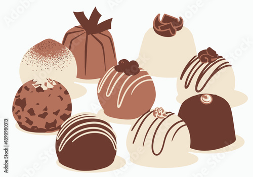 Assortment of Chocolate Truffles and Desserts Displayed on a White Surface from a Top-Down Viewpoint