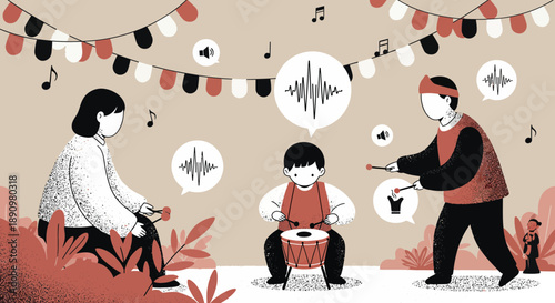 Children playing musical instruments together in festive setting.