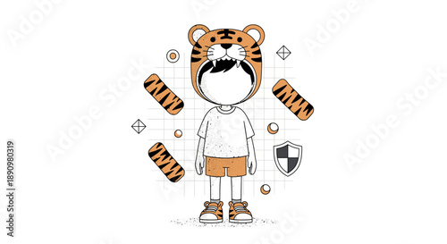 Child Wearing Tiger Costume with Striped Accessories.