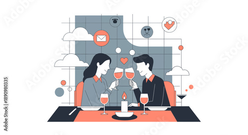 Couple enjoying romantic dinner with wine glasses together.