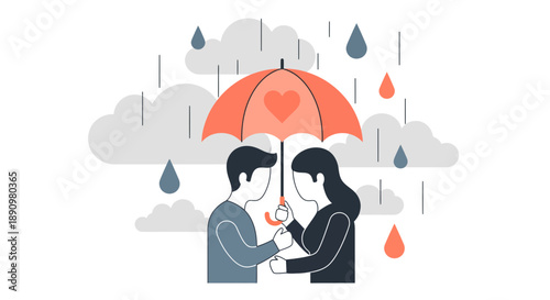 Couple holding umbrella together in rainy weather illustration.