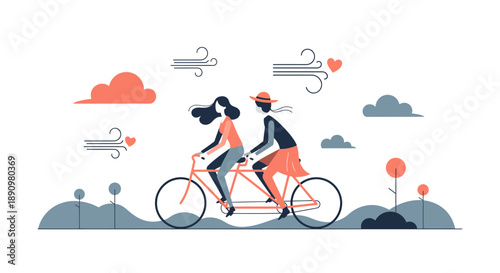 Couple Riding Tandem Bicycle Outdoors Illustration.