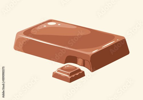 A high-quality chocolate bar with a piece broken off, displayed on a plain surface from a slightly angled viewpoint.