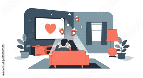 Couple sitting together on sofa watching romantic movie.