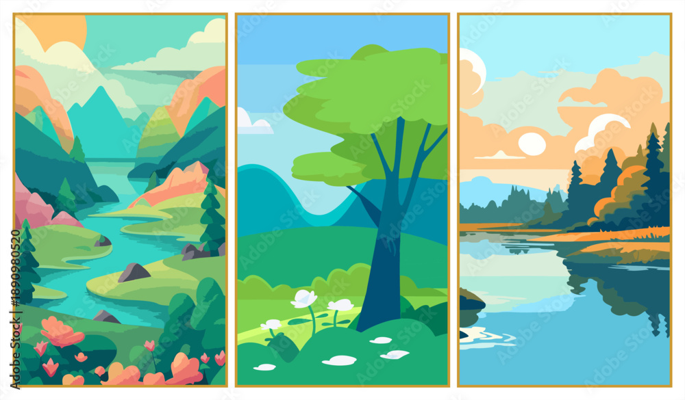 Obraz premium Set of three vibrant spring and summer landscapes in modern flat design. Illustrations featuring lush green hills, winding rivers, a large leafy tree, and a serene lake reflection in bright teal, lime