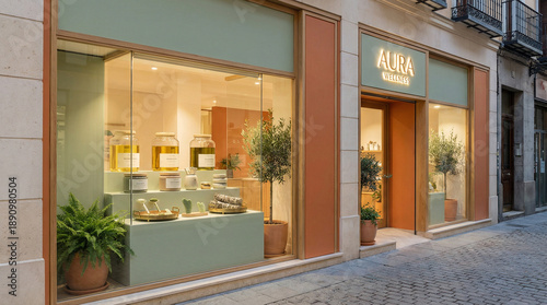 mockup of a Trendy beauty and wellness boutique storefront in minimalist design  