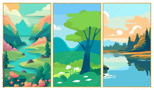 Set of three vibrant spring and summer landscapes in modern flat design. Illustrations featuring lush green hills, winding rivers, a large leafy tree, and a serene lake reflection in bright teal, lime