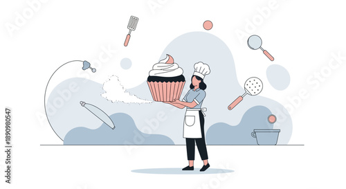 Female baker holding large cupcake illustration with chef hat and apron.