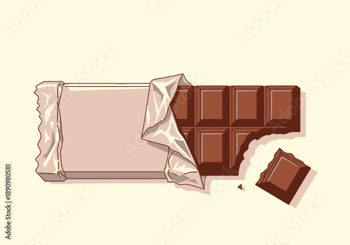 A chocolate bar unwrapped and broken into pieces on a plain surface viewed from directly above