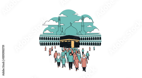 Group of people walking towards religious monument illustration.