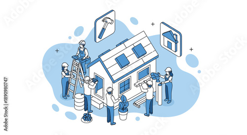 Group of workers collaboratively constructing a modern house illustration.