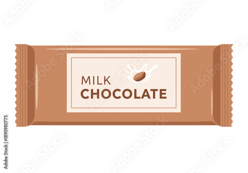 A milk chocolate bar packaging with a label and cocoa bean illustration on a plain surface from a front viewpoint