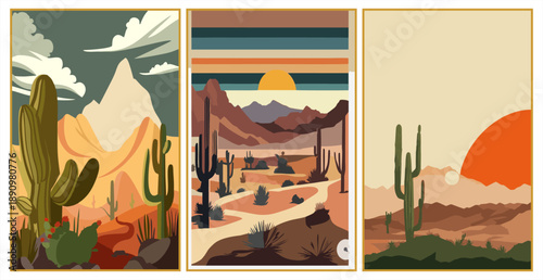Set of three minimalist desert landscapes in modern flat design. Illustrations featuring saguaro cacti, desert ridges, and a warm glowing sun in terracotta, mustard yellow, and deep teal tones. Vector