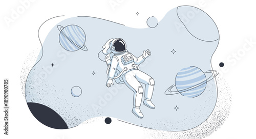Illustration of astronaut floating in outer space suit.
