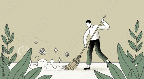 Illustration of a person sweeping with broom in minimalist style.