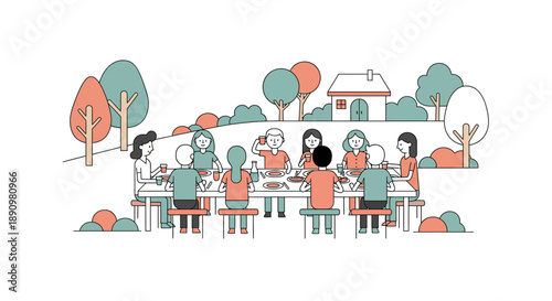 Large Diverse Family Gathering Outdoors Around Table.