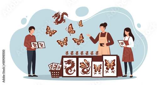People selling and displaying butterfly and dragon artwork at a market stall.