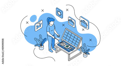 Person analyzing data on large interactive digital screen.