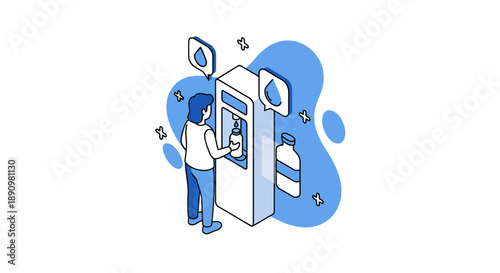 Person filling bottle at modern water dispenser machine illustration.