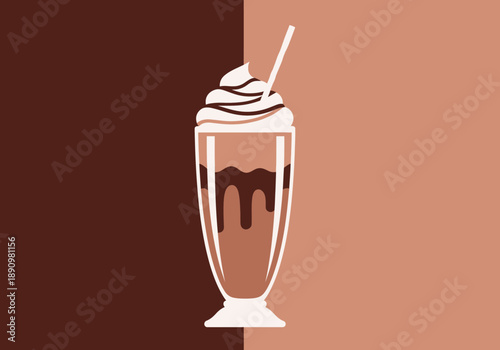 A chocolate milkshake with whipped cream and a straw in a tall glass, viewed from the side on a split brown background