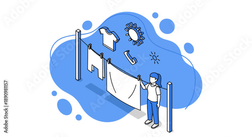 Person hanging clean laundry on clothesline illustration.