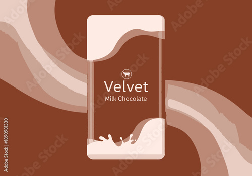 A chocolate bar with velvet milk chocolate and splashing milk on a brown background