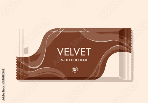 Close-up of a single milk chocolate bar wrapper with velvet texture on a light surface