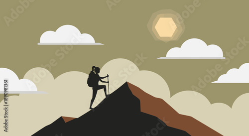 Silhouette of a Hiker Climbing Mountain Peak at Sunrise.