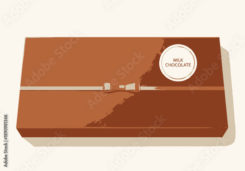 A chocolate box is depicted from a top-down viewpoint showcasing its brown color and packaging design