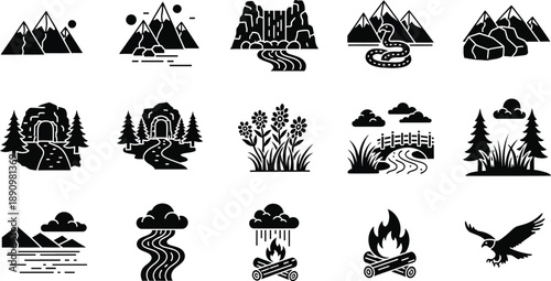 Collection of silhouette icons featuring nature and outdoor elements