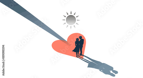 Silhouetted couple standing together inside heart shape.